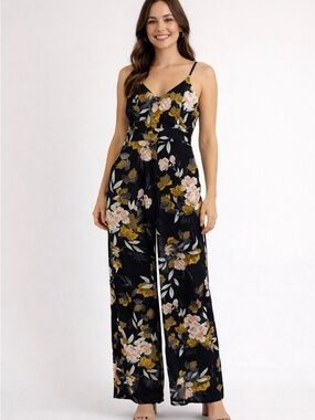 Lulu's Black Floral Spaghetti-Strap Jumpsuit with Mustard Blooms